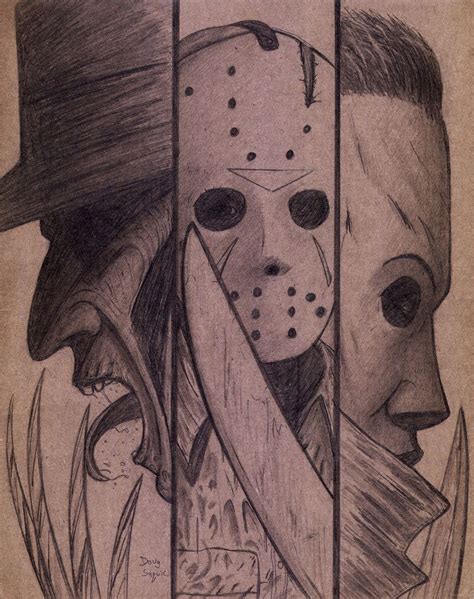 Freddy ,Jason,and Michael on Cardboard | Scary drawings, Creepy ...