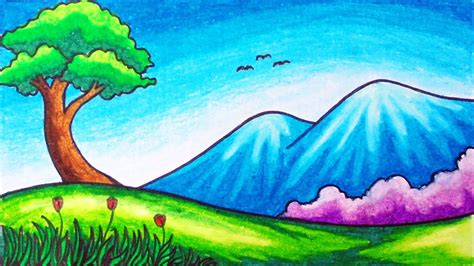 Easy Mountain Hills Scenery Drawing | How to Draw Simple Nature Scenery ...