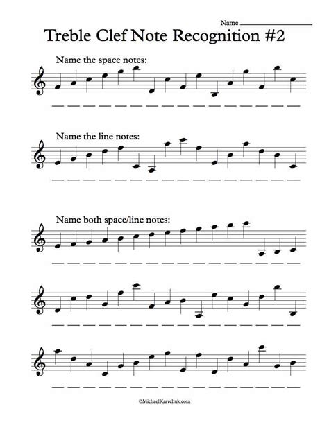 Treble Clef With Ledger Lines - Note Recognition Worksheet