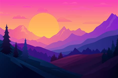 Premium Vector | Background sunset in the mountains vibrant cartoon ...