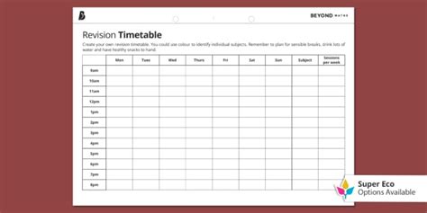 GCSE Revision Timetable Template - Secondary Education