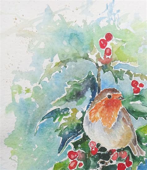 Watercolour Painting of a Red Robin on a Holly Bush - Etsy Sweden