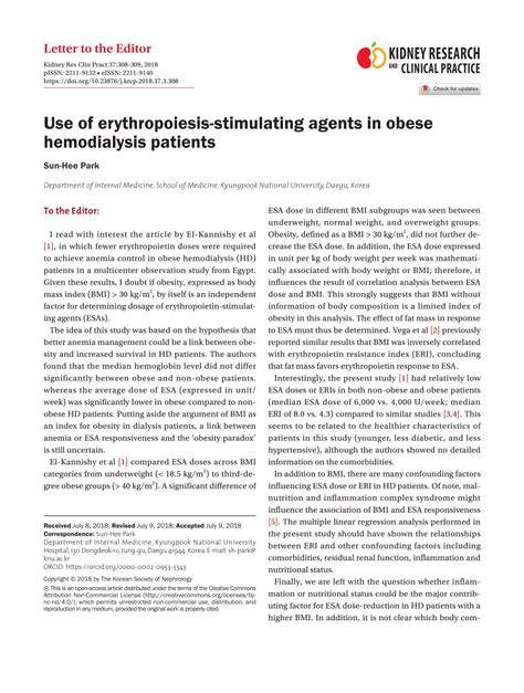 (PDF) Use of erythropoiesis-stimulating agents in obese hemodialysis ...