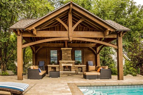 Poolside Timber Frame Pavilion w/Fireplace & Chandelier - Craftsman ...