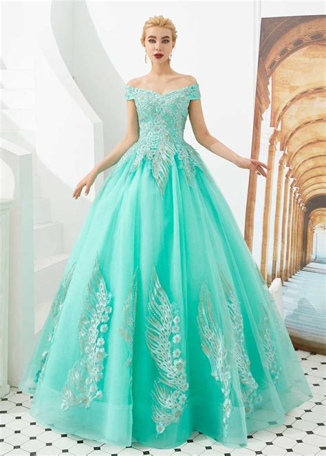 Turquoise Off the Shoulder Ball Gown Prom Formal Dress – JoJo Shop