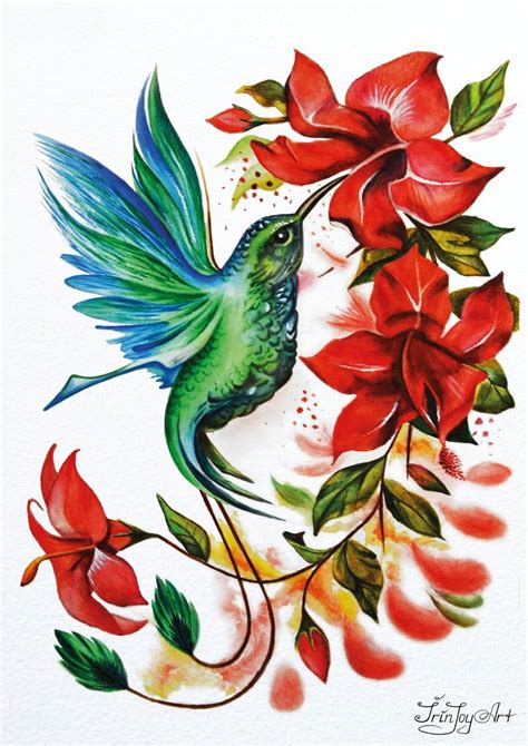 Humming bird flowers garden watercolor painting Floral wall art ...