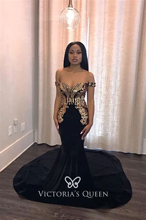 Gold Sequin Appliqued Black Velvet Mermaid Prom Dress - VQ