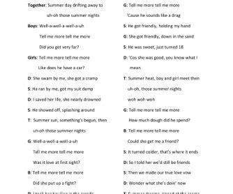 Song Worksheet:Summer Nights (from Grease)