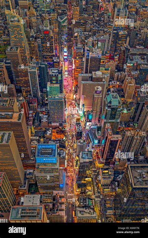 Aerial Times Square New York City - Aerial view at night to the iconic ...