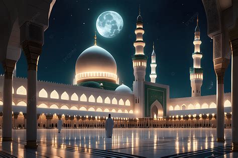 Dreamy Night View Of Masjid An Nabawi With Full Moon Background, Dreamy ...