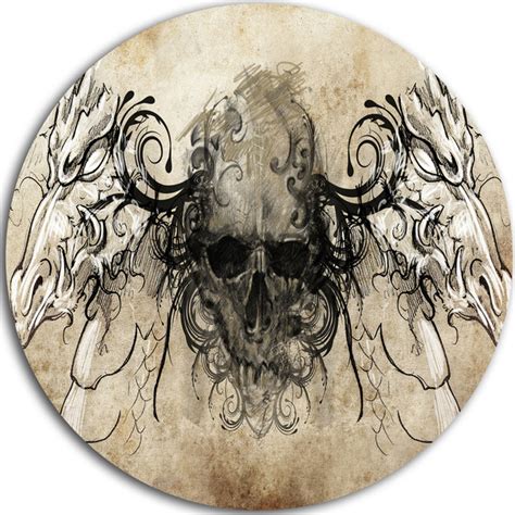 Human Skull Tattoo Sketch, Digital Art Round Metal Wall Art - Eclectic ...