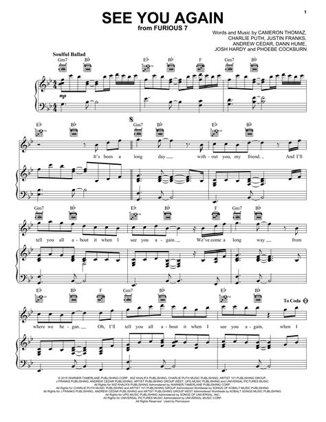 Wiz Khalifa feat. Charlie Puth - See You Again - Sheet Music at Stanton ...