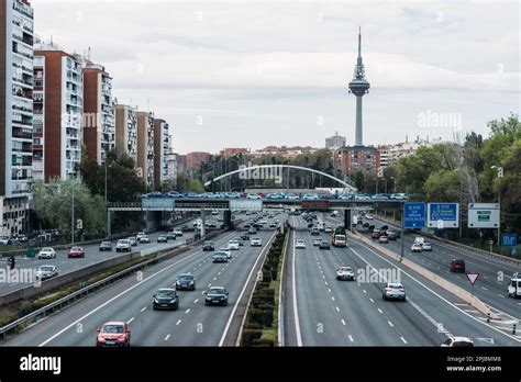 Madrid, Spain - April 1, 2023: High perspective view of traffic in ...