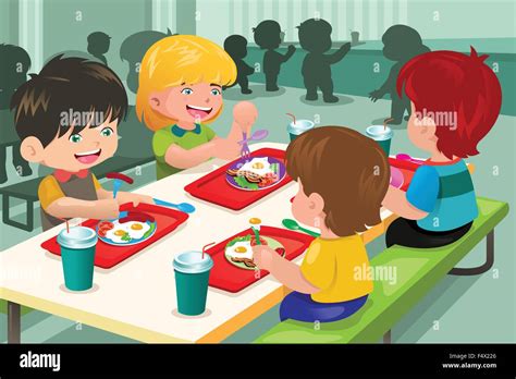 A vector illustration of elementary students eating lunch in cafeteria ...