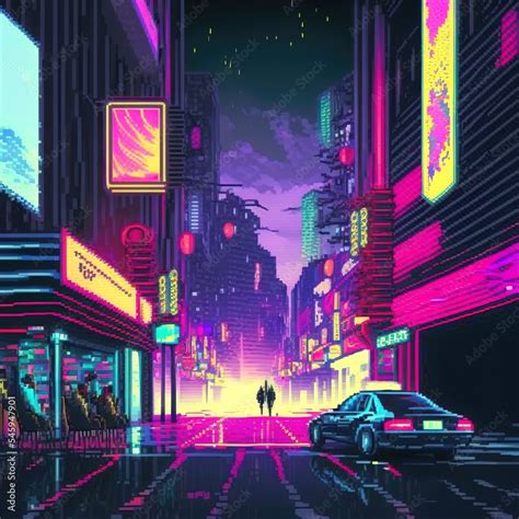 Cyberpunk neon city night. Futuristic city scene in a style of pixel ...