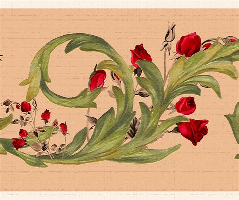 Peel and Stick Wallpaper Border - Damask Green, Sepia, Red Roses ...