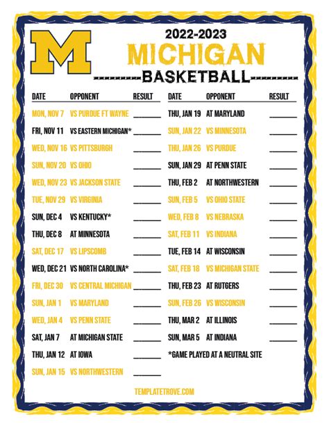 Michigan Football Printable Schedule