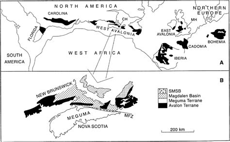 Location of Western Avalonia and Nova Scotia. (A) Early Mesozoic ...