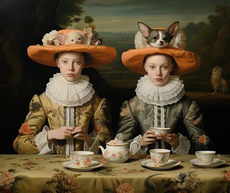 Premium AI Image | a painting of two girls and a cat on a table with ...