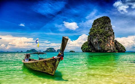 HD wallpaper: Pranang Beach And Rock Krabi Thailand Long Tail Boat On A ...