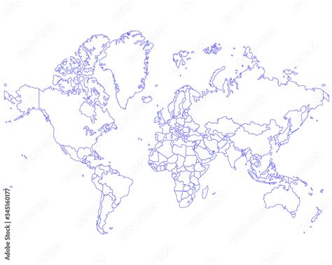 Detailed outline world map with the continents and countries. Vector ...