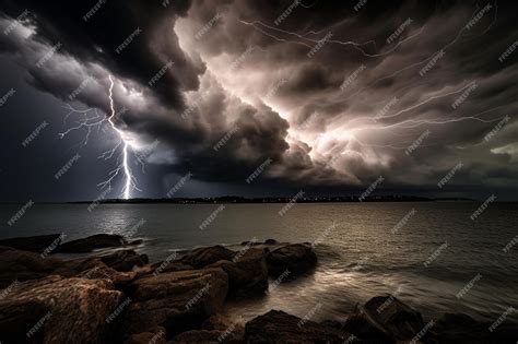 Premium Photo | A lightning storm over the ocean with a dark sky and clouds