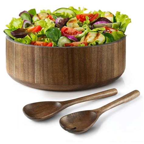 Miusco Rustic Wood Salad Serving Bowl Set with Tongs, 12" Large Kitchen ...