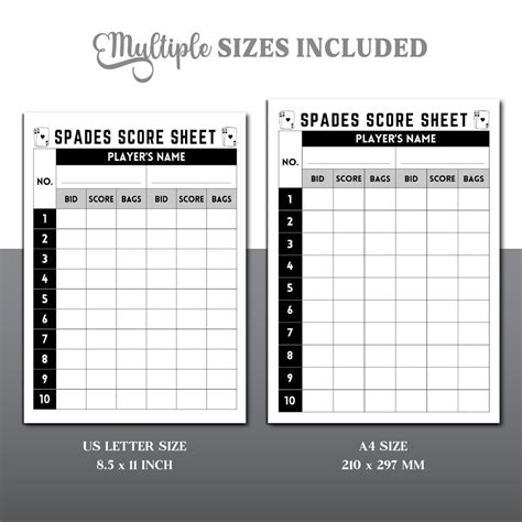 Spades Score Sheet, Spades Scorekeeper, Spades Card Game Score Sheet ...