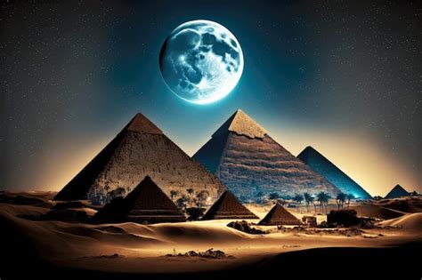 Premium Photo | Night landscape with moon and ancient egyptian pyramids