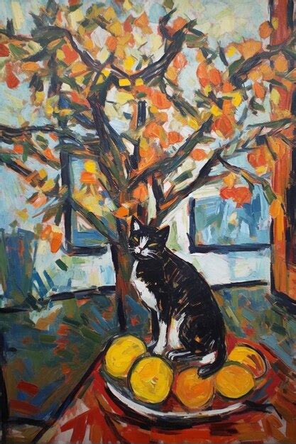 Premium AI Image | A painting of a cat sitting on a table with yellow ...