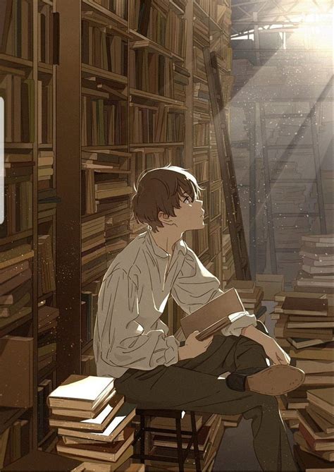 Anime boy, anime, anime boy, books, library, reading, sun, HD phone ...