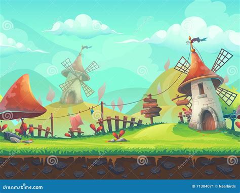 Seamless Cartoon Landscape with a Windmill Stock Vector - Illustration ...