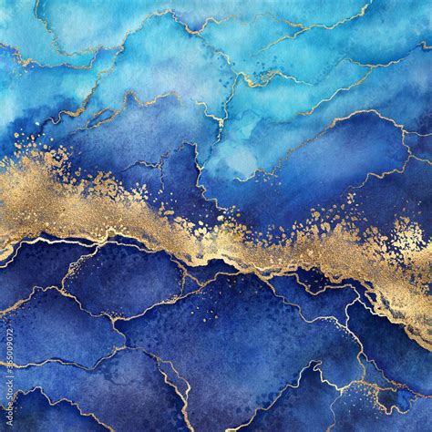 abstract blue marble background with golden veins, painted artificial ...