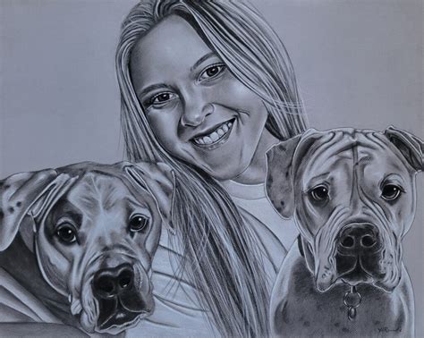 Commissioned Portrait Drawing of a Girl and Her Dogs - Heidi Rounds