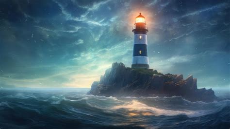 Premium AI Image | lighthouse in the ocean shines on ships at night