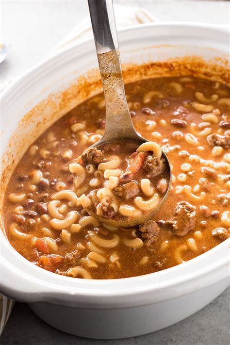 Crockpot Cheesy Chili Macaroni Soup - The Salty Marshmallow