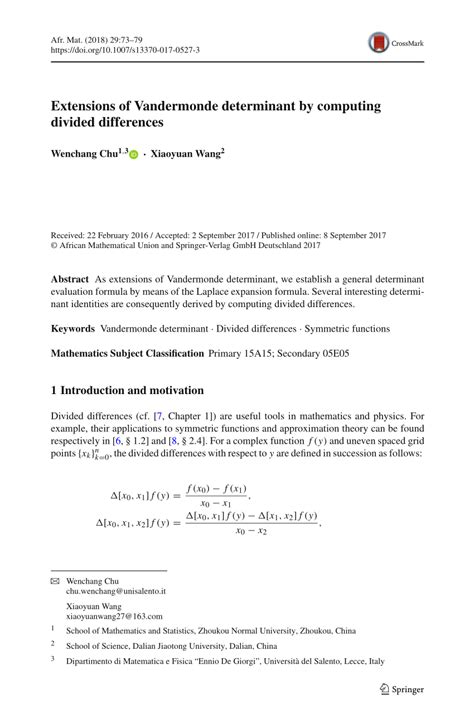 (PDF) Extensions of Vandermonde determinant by computing divided ...