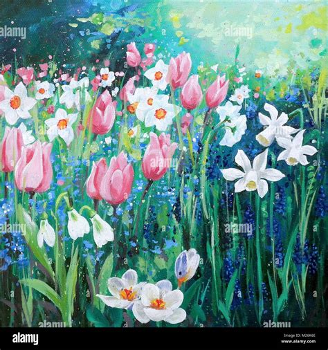 painting of spring flowers, daffodils, tulips, snowdrops and crocus ...