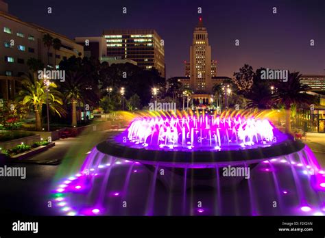 Los Angeles City Hall as seen from the Grand Park at night, Los Angeles ...