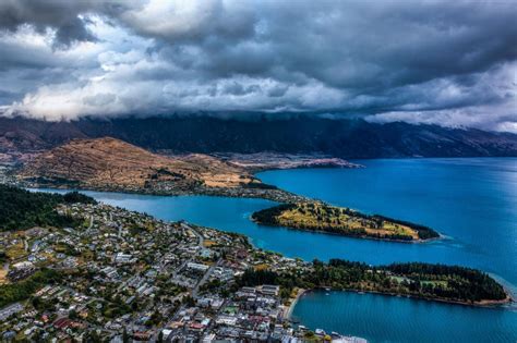 wallpaper mountains, lake, aerial view, city, clouds, new zealand HD ...