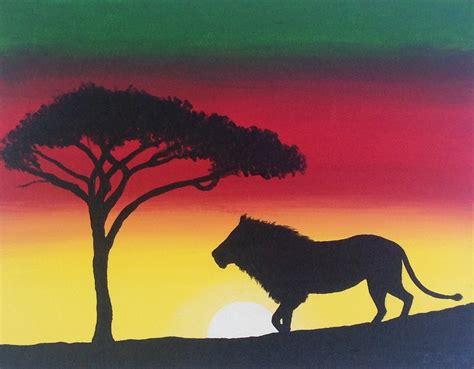 African Lion Sunset Silhouette 11x14 Original Acrylic Painting