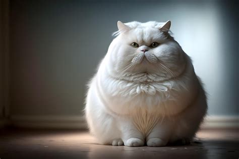 Premium Photo | A fat white cat with a thick fur coat sits on the floor.