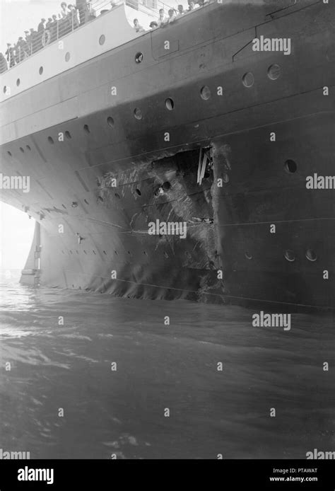 Hole torn in the hull of 'RMS Olympic' after the collision with 'HMS ...