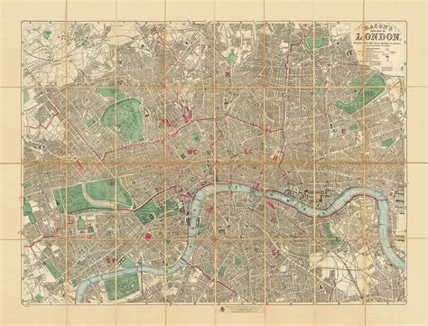 Big Old Map of London by Bacon, 1890 - Rare Folding Wall Chart of Vict ...