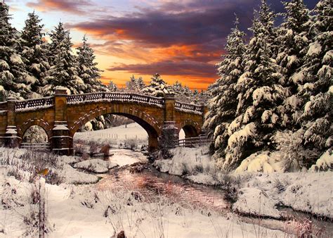 Download Sunset Sky River Tree Snow Winter Earth Man Made Bridge Wallpaper