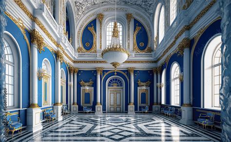 A realistic fantasy blue interior of the royal palace. golden blue ...