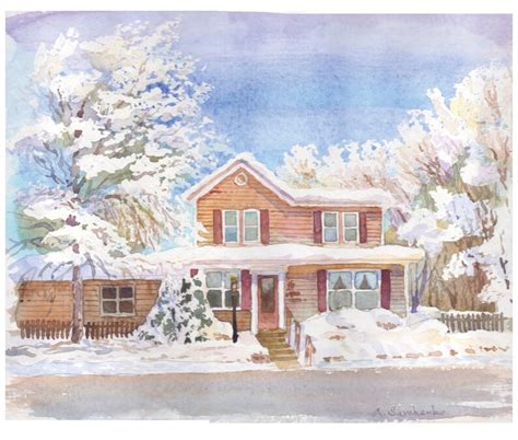 Custom house portrait Winter house watercolor Picture to | Etsy