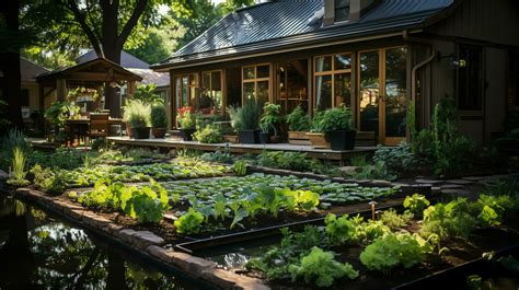 Wooden house in village with plants and flowers in backyard garden ...