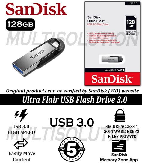 Sandisk 128gb Ultra Flair Cz73 Usb 3.0 - 150mb/s Speed - 5 Years ...