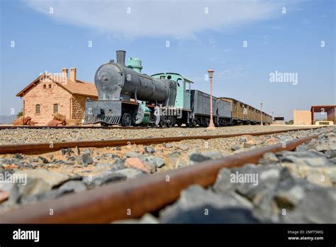 Historic train of the Hejaz Railway in the renovated station of Hegra ...